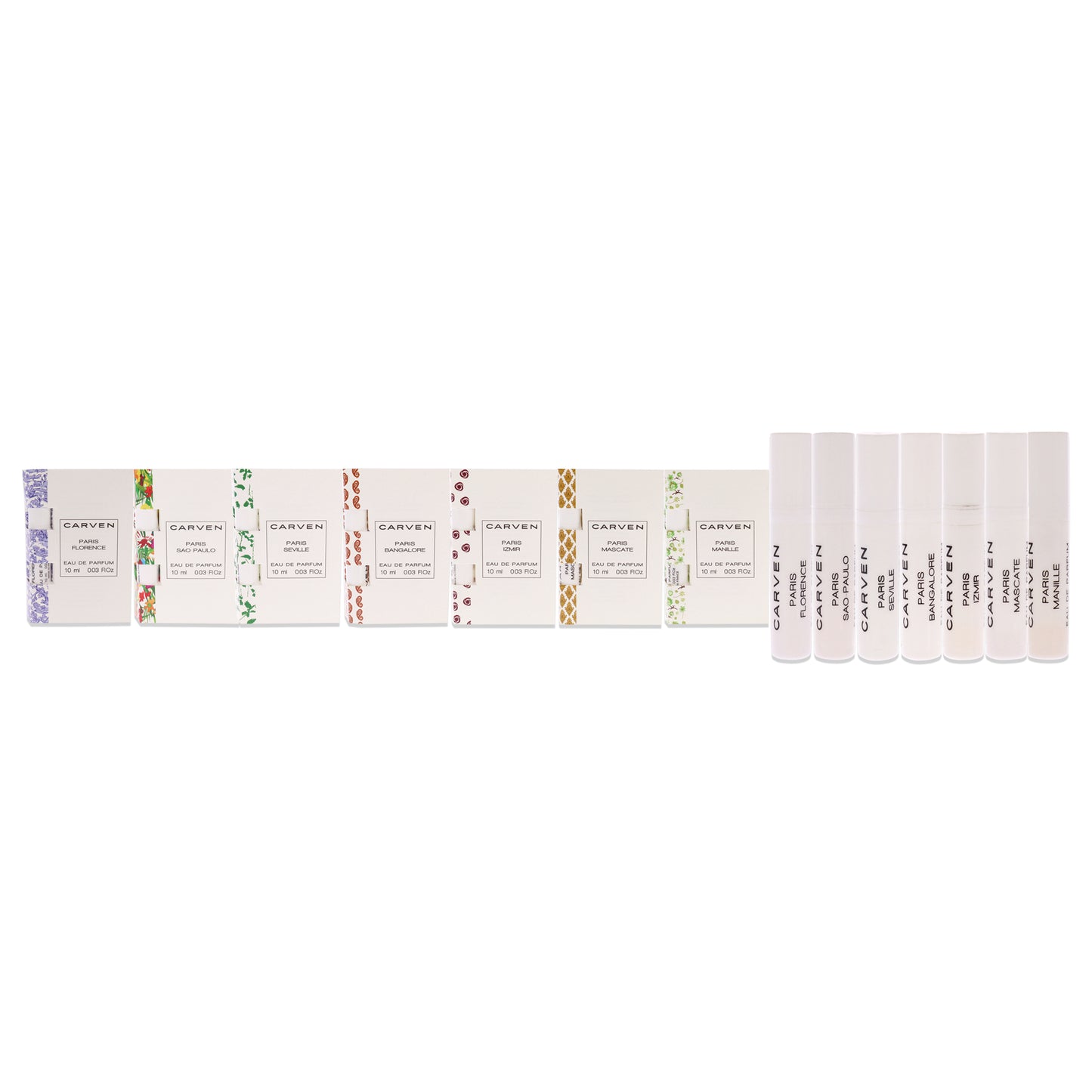 Carven Collection Mini Sampler Set by Carven for Women - 7 Pc Mini Gift Set 0.03oz Paris Seville EDP Spray, 0.03oz Paris Manille EDP Spray, 0.03oz Paris Sao Paulo EDP Spray, 0.03oz Paris Florence EDP Spray, 0.03oz Paris Mascate EDP Spray, 0.03oz Paris Izm