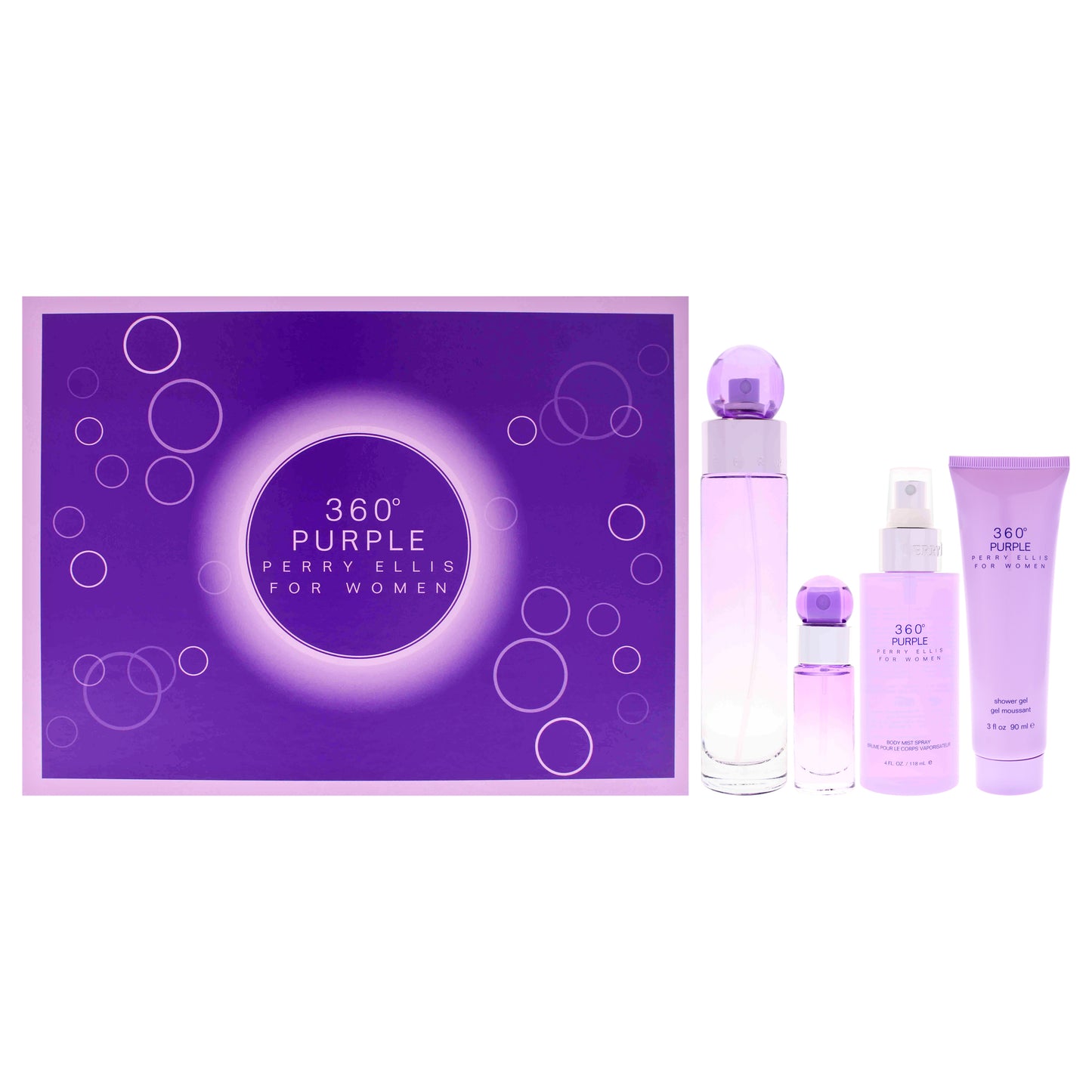 360 Purple by Perry Ellis for Women - 4 Pc Gift Set 3.4oz EDP Spray, 0.25oz EDP Spray (Mini), 4oz Body Mist, 3oz Shower Gel