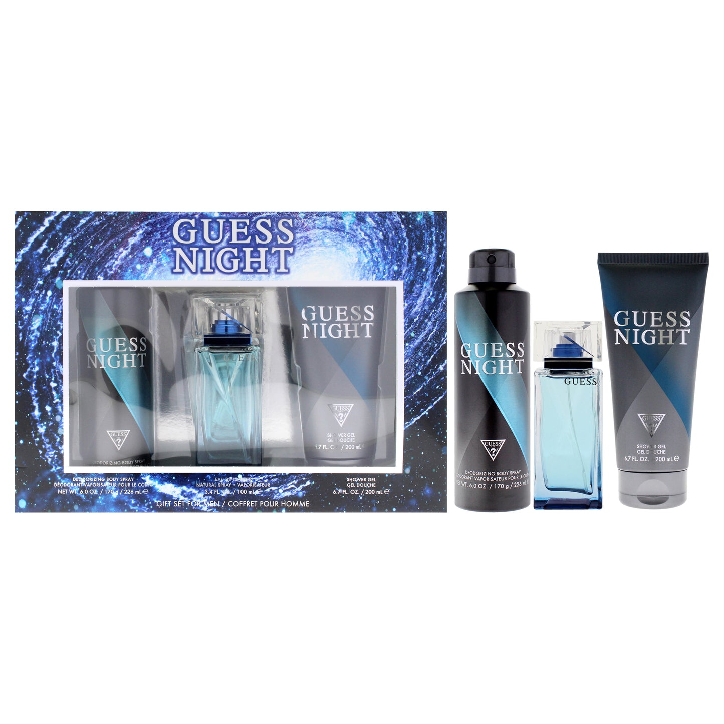Guess Night by Guess for Men - 3 Pc Gift Set 3.4oz EDT Spray , 6.0oz Deodorizing Spray, 6.7oz Shower Gel