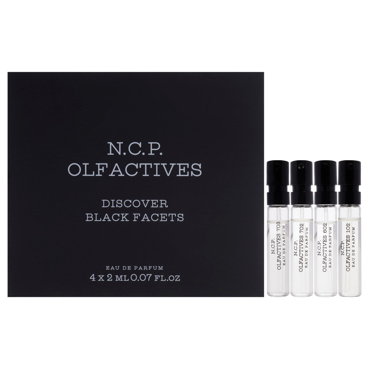 Discover Black Facets Kit by NCP for Unisex - 4 x 2 ml Olfactive Facet - 102 Ginger and Lime EDP Spray, Olfactive Facet - 602 Sandalwood and Cedarwood EDP Spray, Olfactive Facet - 702 Musk and Amber EDP Spray, Olfactive Facet - 703 Tonka Bean and Moka EDP