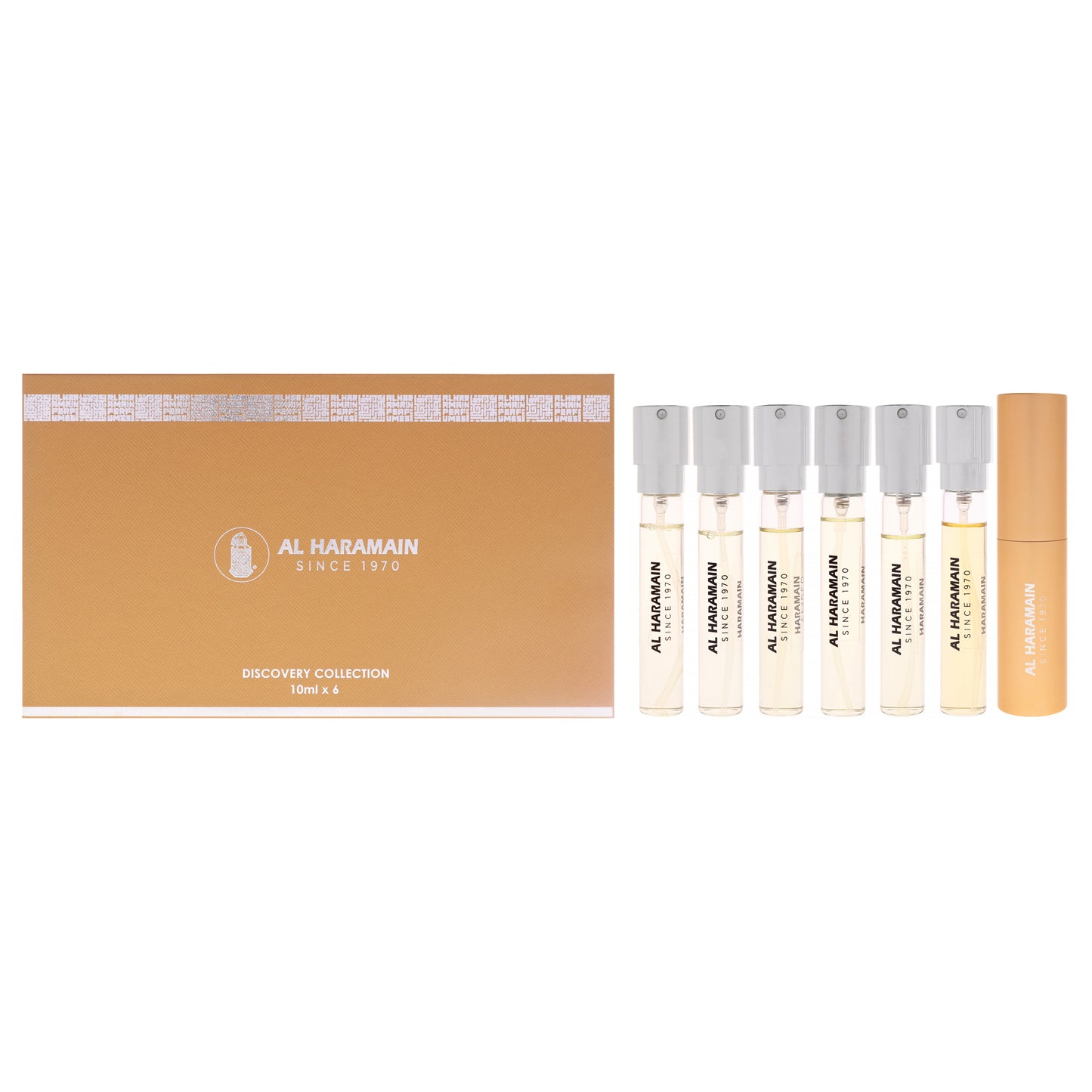 Discovery Collection - Amber Oud by Al Haramain for Unisex - 7 Pc Mini Gift Set 0.33oz Amber Oud - Gold Edition EDP Spray, 0.33oz Amber Oud - Ultra Violet EDP Spray, 0.33oz Amber Oud - Ruby Edition EDP Spray, 0.33oz Amber Oud - Carbon Edition EDP Spray, 0