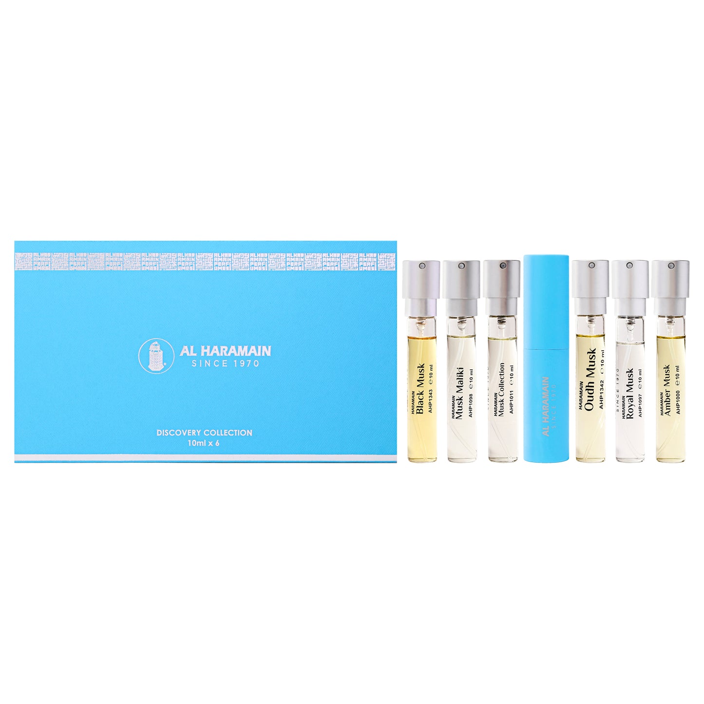 Discovery Collection - Musk Series by Al Haramain for Unisex - 6 Pc Mini Gift Set 0.33oz Amber Musk EDP Spray (Mini), 0.33oz Royal Musk EDP Spray (Mini), 0.33oz Oudh Musk EDP Spray (Mini), 0.33oz Musk collection EDP Spray (Mini), 0.33oz Musk Maliki EDP Sp