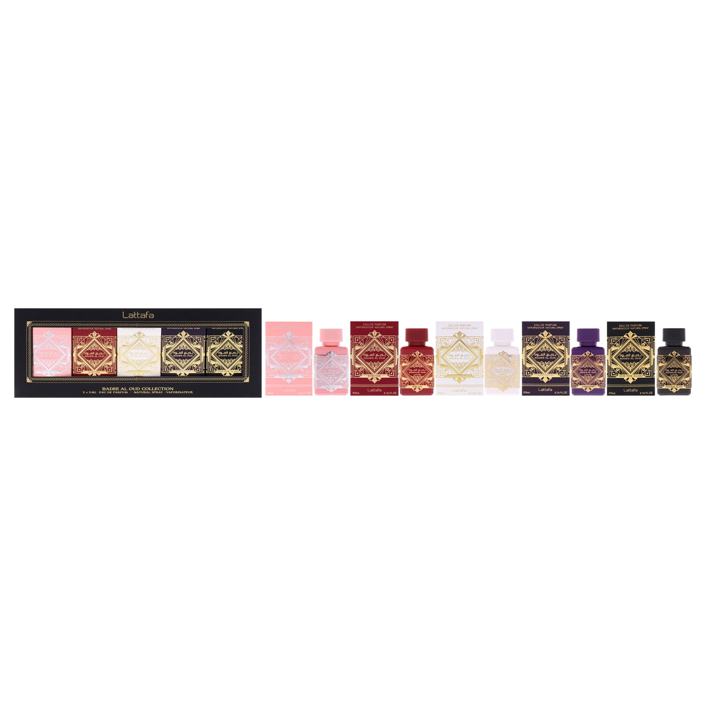 Badee Al Oud Collection by Lattafa for Unisex - 5 Pc Mini Gift Set 0.16oz Noble Blush EDP Splash, 0.16oz Sublime EDP Splash, 0.16oz Oud for Glory EDP Splash, 0.16oz Amethyst EDP Splash, 0.16oz Honor and Glory EDP Splash