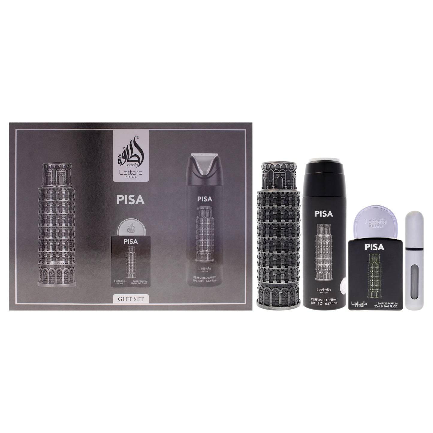 Pride - Pisa by Lattafa for Men - 3 Pc Gift Set 3.4oz EDP Spray, 0.65oz EDP Spray, 6.67oz Perfumed Spray