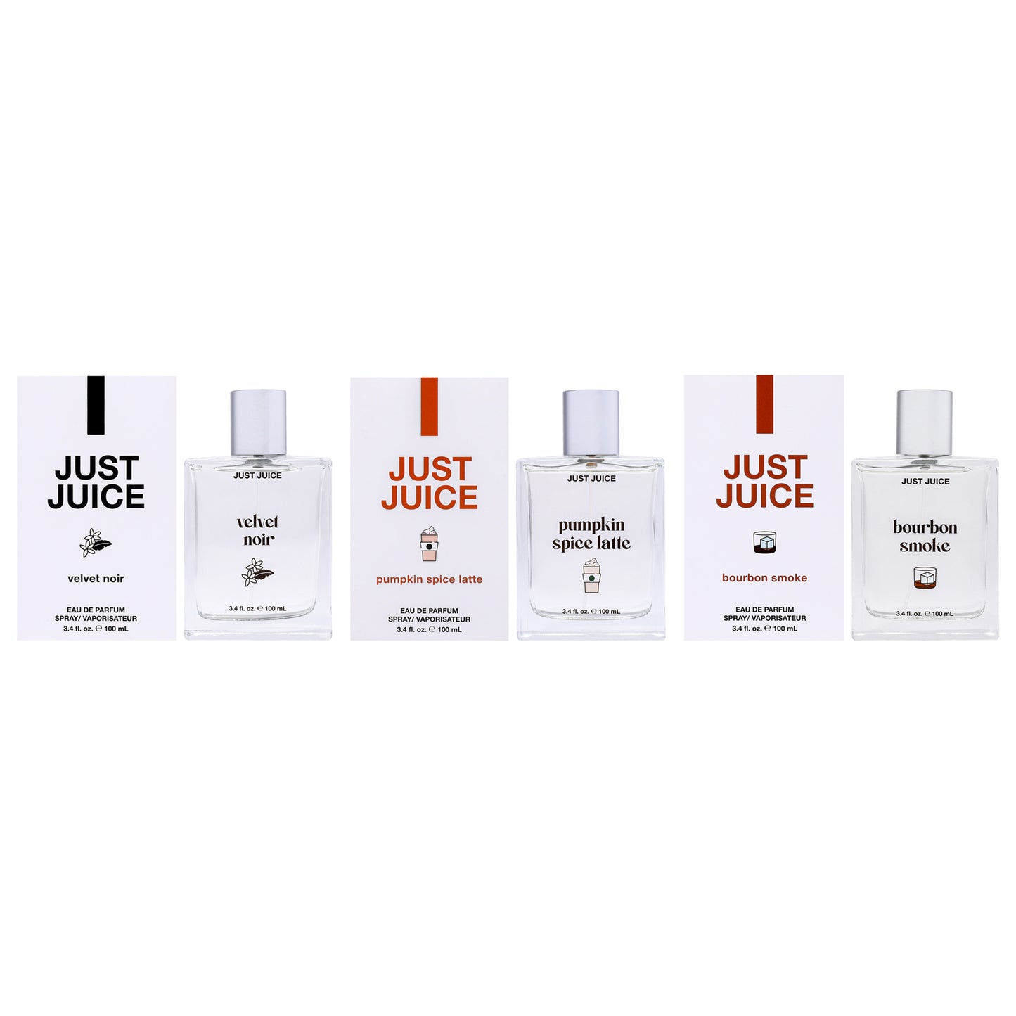 Warm and Cozy Nights Kit by Just Juice for Unisex - 3 Pc Kit 3.4oz Pumpkin Spice Latte EDP Spray, 3.4oz Bourbon Smoke EDP Spray, 3.4oz Velvet Noir EDP Spray
