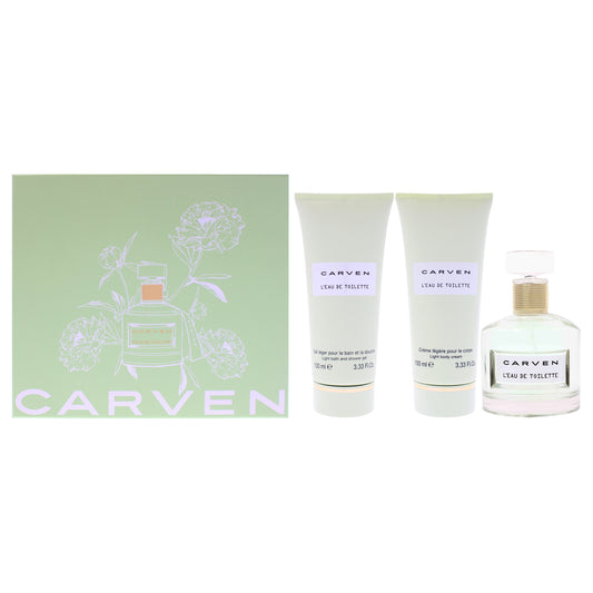 LEau De Toilette by Carven for Women - 3 Pc Gift Set 3.33oz EDT Spray, 3.33oz Light Body Cream, 3.33oz Ligth Bath and Shower Gel