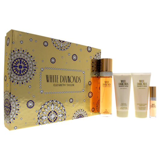 White Diamonds by Elizabeth Taylor for Women - 4 Pc Gift Set 3.3oz EDT Spray, 0.33oz EDT Spray (Mini), 3.3oz Gentle Moisturizing Body Wash, 3.3oz Perfumed Body Lotion