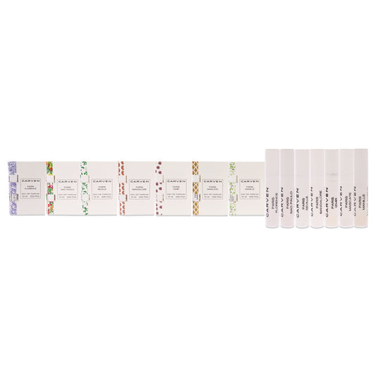 Carven Collection Mini Sampler Set by Carven for Women - 7 Pc Mini Gift Set 0.03oz Paris Seville EDP Spray, 0.03oz Paris Manille EDP Spray, 0.03oz Paris Sao Paulo EDP Spray, 0.03oz Paris Florence EDP Spray, 0.03oz Paris Mascate EDP Spray, 0.03oz Paris Izm