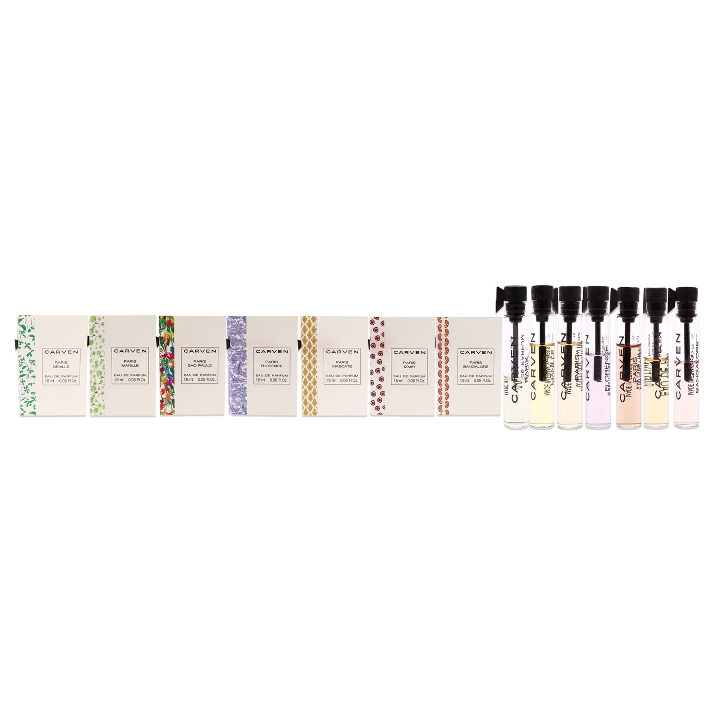 Carven Collection Mini Sampler Set by Carven for Women - 7 Pc Mini Gift Set 0.05oz Paris Seville EDP Spray, 0.05oz Paris Manille EDP Spray, 0.05oz Paris Sao Paulo EDP Spray, 0.05oz Paris Florence EDP Spray, 0.05oz Paris Mascate EDP Spray, 0.05oz Paris Izm