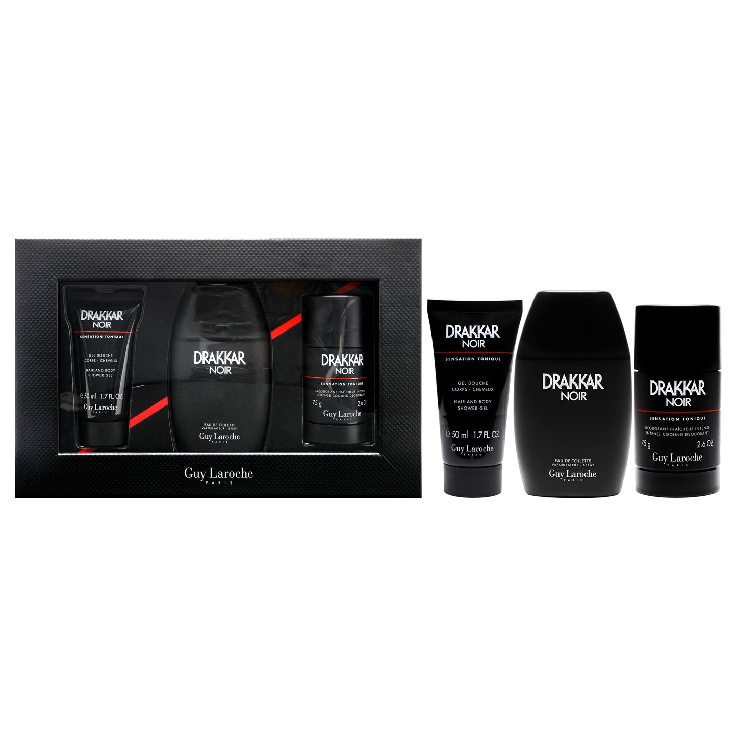 Drakkar Noir - 2021 by Guy Laroche for Men - 3 Pc Gift Set 3.4oz EDT Spray, 2.6oz Deodorant Stick, 1.7oz Shower Gel
