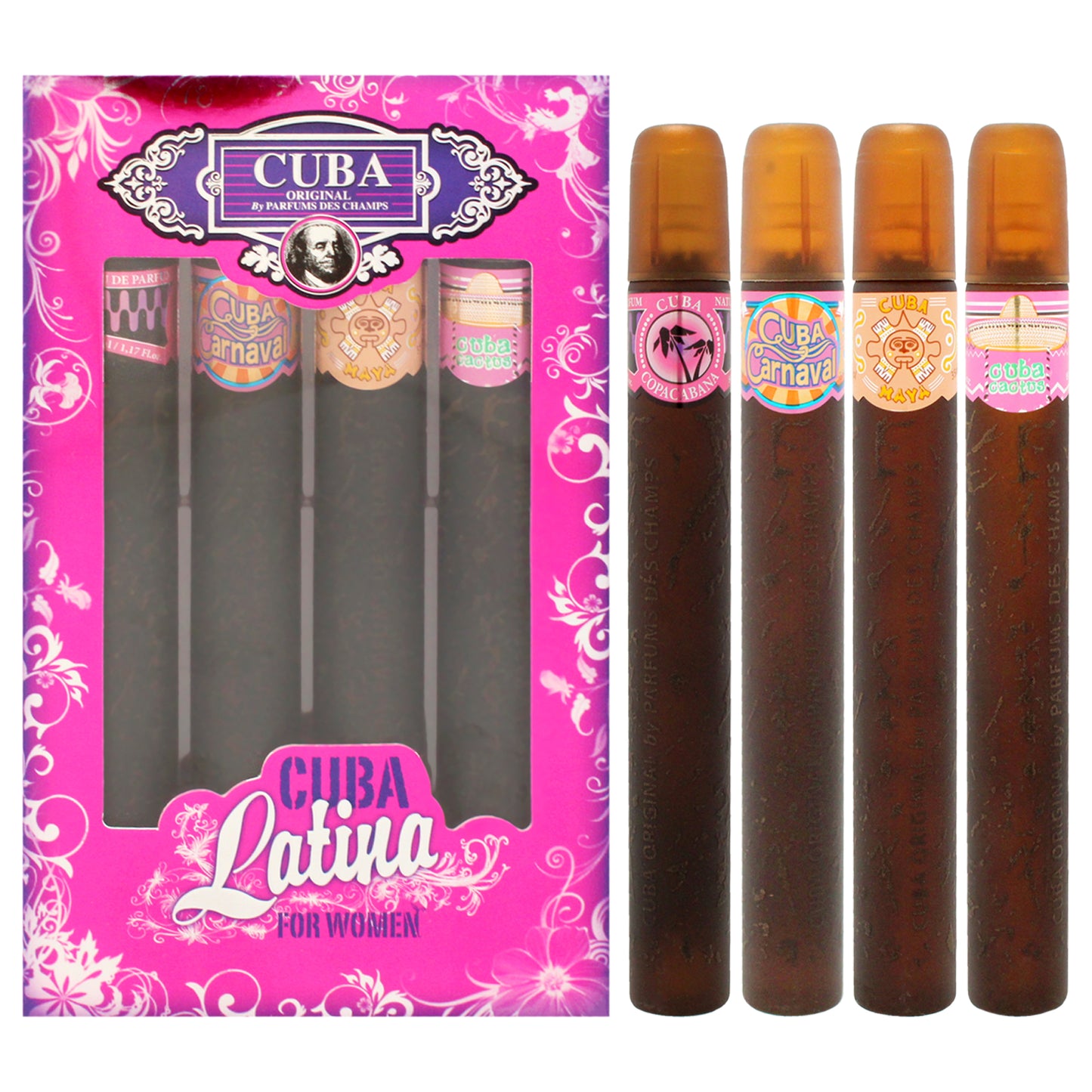 Cuba Latina by Cuba for Women - 4 Pc Gift Set 1.17oz Cuba Copacabana EDP Spray, 1.17oz Cuba Maya EDP Spray, 1.17oz Cuba Carnaval EDP Spray, 1.17oz Cuba Cactus EDP Spray