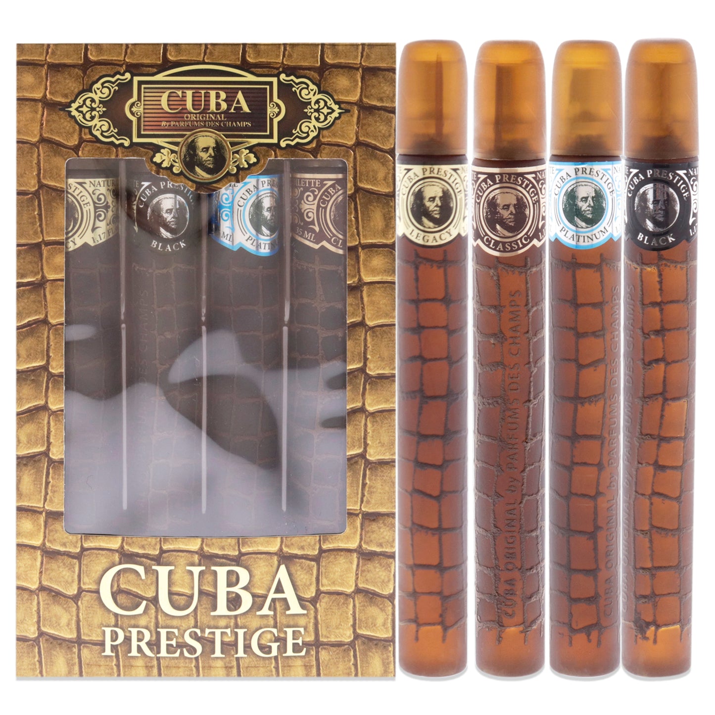 Cuba Prestige by Cuba for Men 4 Pc Gift Set 1.17oz Classic EDT Spray, 1.17oz Black EDT Spray, 1.17oz Platinum EDT Spray, 1.17oz Legacy EDT Spray