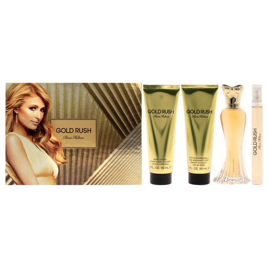 Gold Rush by Paris Hilton for Women - 4 Pc Gift Set 3.4oz EDP Spray, 0.34oz EDP Spray, 3oz Body Lotion, 3oz Shower Gel