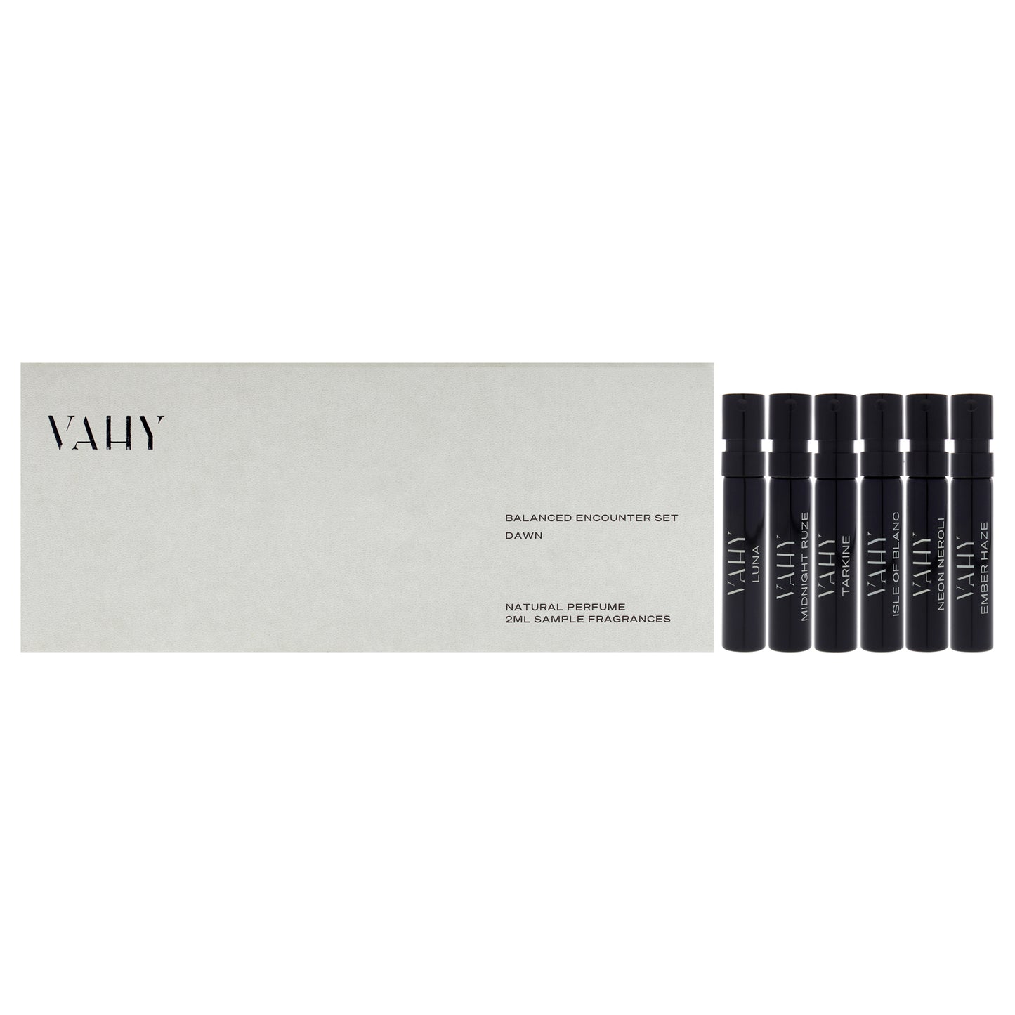 Balanced Encounter Set Dawn by Vahy for Unisex - 6 Pc Mini Gift Set 2ml Ember Haze EDP Spray Vial, 2ml Neon Neroli EDP Spray Vial, 2ml Isle Of Blanc EDP Spray Vial, 2ml Tarkine EDP Spray Vial, 2ml Midnight Ruze EDP Spray Vial, 2ml Luna EDP Spray Vial