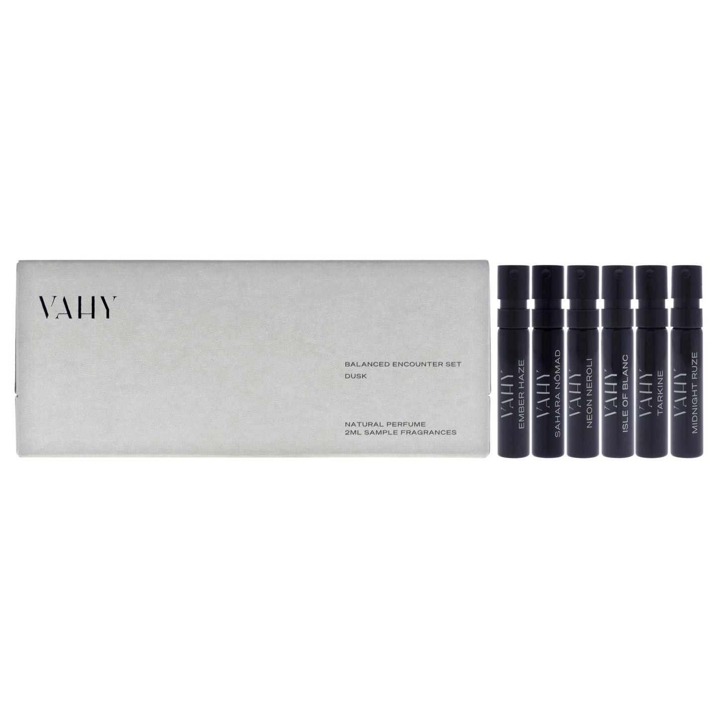 Balanced Encounter Set - Dusk by Vahy for Unisex - 6 Pc Mini Gift Set 2ml Ember Haze EDP Spray Vial, 2ml Neon Neroli EDP Spray Vial, 2ml Isle Of Blanc EDP Spray Vial, 2ml Tarkine EDP Spray Vial, 2ml Midnight Ruze EDP Spray Vial, 2ml Sahara Nomad EDP Spray