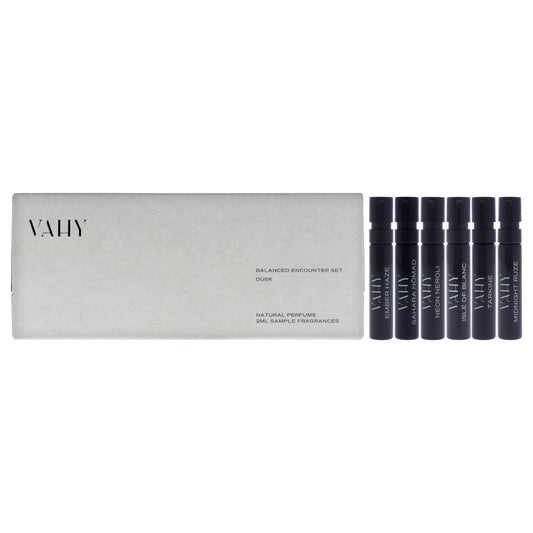 Balanced Encounter Set - Dusk by Vahy for Unisex - 6 Pc Mini Gift Set 2ml Ember Haze EDP Spray Vial, 2ml Neon Neroli EDP Spray Vial, 2ml Isle Of Blanc EDP Spray Vial, 2ml Tarkine EDP Spray Vial, 2ml Midnight Ruze EDP Spray Vial, 2ml Sahara Nomad EDP Spray