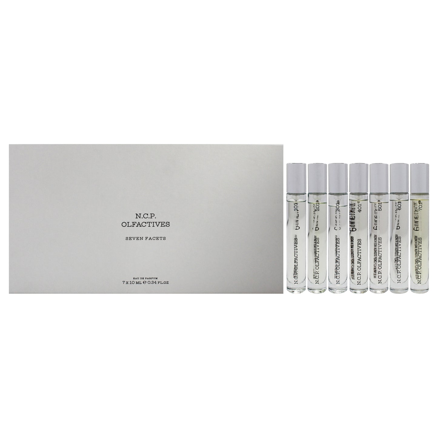 Seven Facets by NCP for Unisex - 7 x 10 ml 101 Clementine and Violet flower EDP Spray, 201 Apple and Driftwood EDP Spray, 301 Jasmine and Sandalwood EDP Spray, 401 Lavender and Juniper EDP Spray, 501 Iris and Vanilla EDP Spray, 601 Amber and Gaiacwood EDP