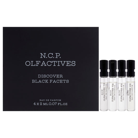 Discover Black Facets Kit by NCP for Unisex - 4 x 2 ml Olfactive Facet - 102 Ginger and Lime EDP Spray, Olfactive Facet - 602 Sandalwood and Cedarwood EDP Spray, Olfactive Facet - 702 Musk and Amber EDP Spray, Olfactive Facet - 703 Tonka Bean and Moka EDP