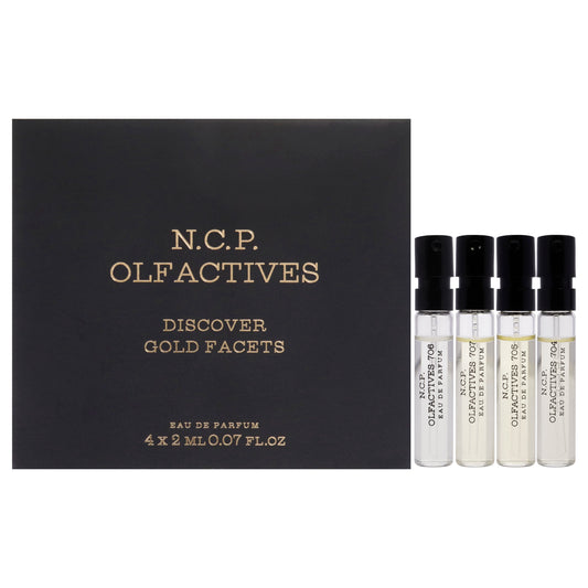 Discover Gold Facets Kit by NCP for Unisex - 4 x 2 ml Olfactive Facet - 704 Incense and musk EDP Spray, Olfactive Facet - 705 Leather and oud EDP Spray, Olfactive Facet - 706 Saffron and oud EDP Spray, Olfactive Facet - 707 Patchouli and oud EDP Spray