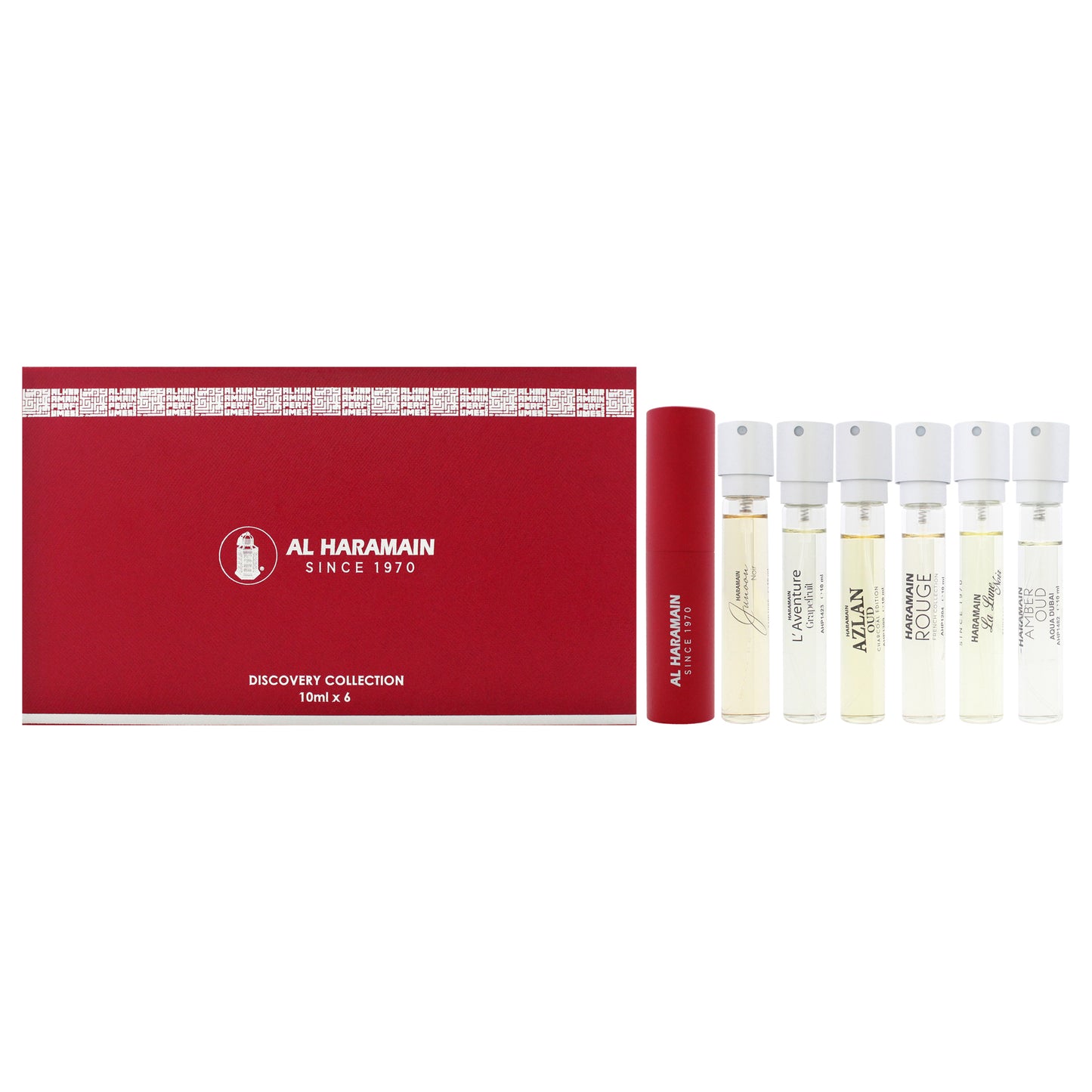 Discovery Special Collection by Al Haramain for Unisex - 6 Pc Mini Gift Set 0.33oz Azlan Oud - Amber Edition EDP Spray Vial (Mini), 0.33oz Junoon Noir EDP Spray Vial (Mini), 0.33oz La Lune Noir EDP Spray Vial (Mini), 0.33oz LAventure Grapefruit Extrait De