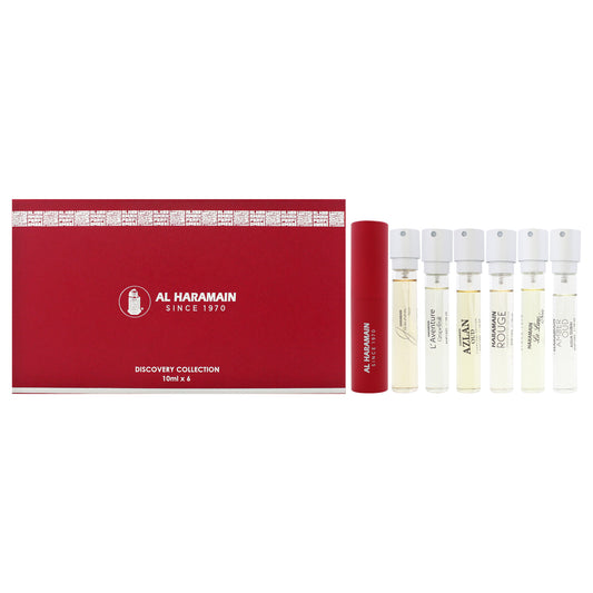 Discovery Special Collection by Al Haramain for Unisex - 6 Pc Mini Gift Set 0.33oz Azlan Oud - Amber Edition EDP Spray Vial (Mini), 0.33oz Junoon Noir EDP Spray Vial (Mini), 0.33oz La Lune Noir EDP Spray Vial (Mini), 0.33oz LAventure Grapefruit Extrait De