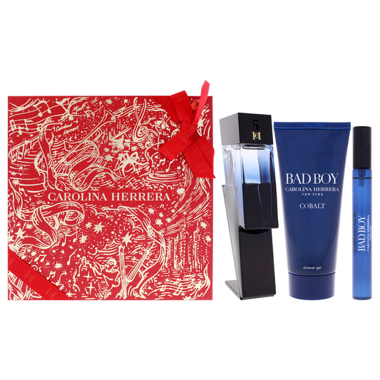 Bad Boy Cobalt Electrique by Carolina Herrera for Men - 3 Pc Gift Set 3.4oz EDP Spray, 0.34oz EDP Spray (Mini), 3.4oz Shower Gel