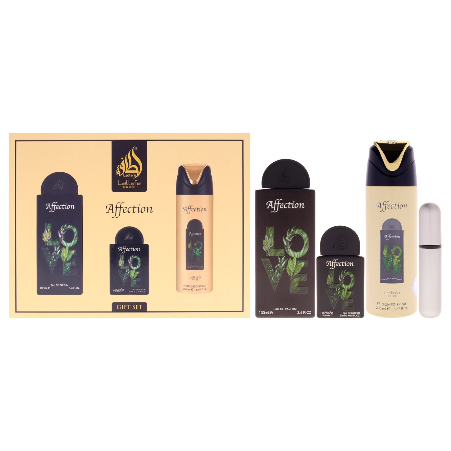Pride - Affection by Lattafa for Unisex - 3 Pc Gift Set 3.4oz EDP Spray, 0.67oz EDP Spray, 6.67oz Perfumed Body Spray