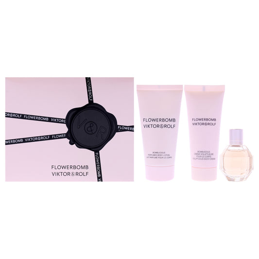 Flowerbomb by Viktor and Rolf for Women - 3 Pc Gift Set 0.24oz EDP Splash (Mini), 1.36oz Bomblicious Body Cream, 1.7oz Bomblicious Body Lotion