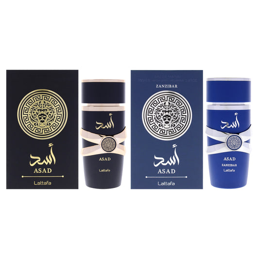 Lattafa Kit by Lattafa for Men - 2 Pc Kit 3.4oz Asad EDP Spray, 3.4oz Asad Zanzibar EDP Spray