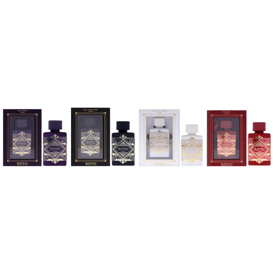 Badee Al Oud Collection Kit by Lattafa for Unisex - 4 Pc Kit 3.4oz Badee Al Oud Collection - Oud For Glory EDP Spray, 3.4oz Badee Al Oud Collection - Sublime EDP Spray, 3.4oz Badee Al Oud Collection - Amethyst EDP Spray, 3.4oz Badee Al Oud Collection - Ho