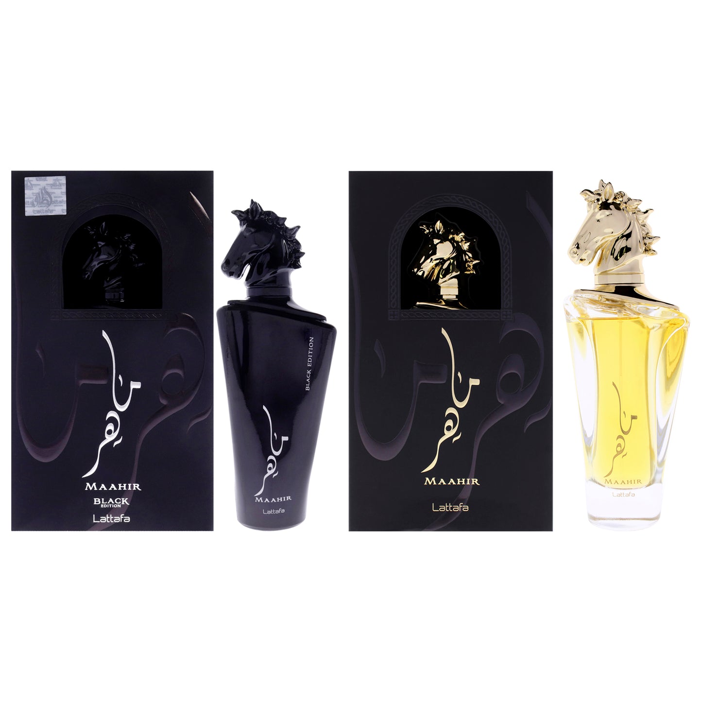 Maahir Kit by Lattafa for Unisex - 2 Pc Kit 3.4oz Maahir EDP Spray, 3.4oz Maahir - Black Edition EDP Spray