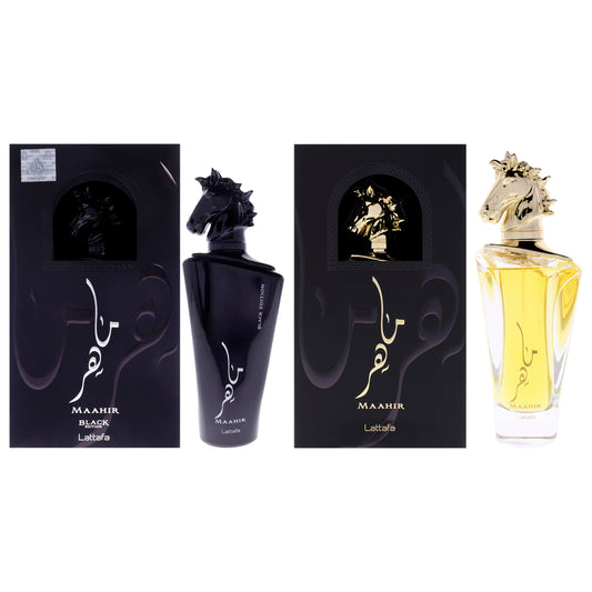 Maahir Kit by Lattafa for Unisex - 2 Pc Kit 3.4oz Maahir EDP Spray, 3.4oz Maahir - Black Edition EDP Spray