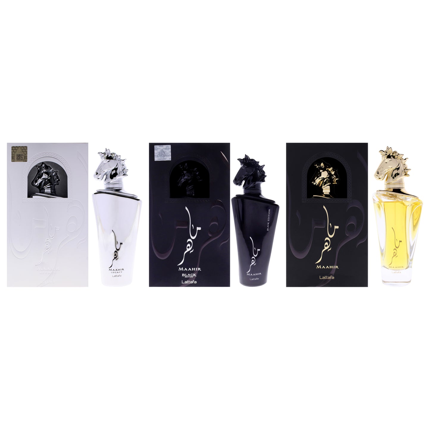 Maahir Kit by Lattafa for Unisex - 3 Pc Kit 3.4oz Maahir EDP Spray, 3.4oz Maahir - Black Edition EDP Spray, 3.4oz Maahir - Legacy EDP Spray