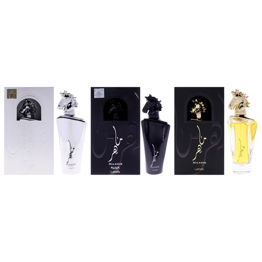 Maahir Kit by Lattafa for Unisex - 3 Pc Kit 3.4oz Maahir EDP Spray, 3.4oz Maahir - Black Edition EDP Spray, 3.4oz Maahir - Legacy EDP Spray