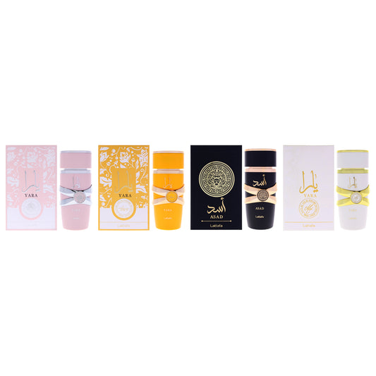 Lattafa Kit by Lattafa for Unisex - 4 Pc Kit 3.4oz Yara EDP Spray, 3.4oz Yara Moi EDP Spray, 3.4oz Yara Tous EDP Spray, 3.4oz Asad EDP Spray