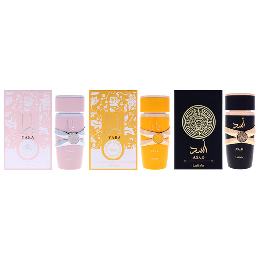 Lattafa Kit by Lattafa for Unisex - 3 Pc Kit 3.4oz Yara EDP Spray, 3.4oz Yara Tous EDP Spray, 3.4oz Asad EDP Spray